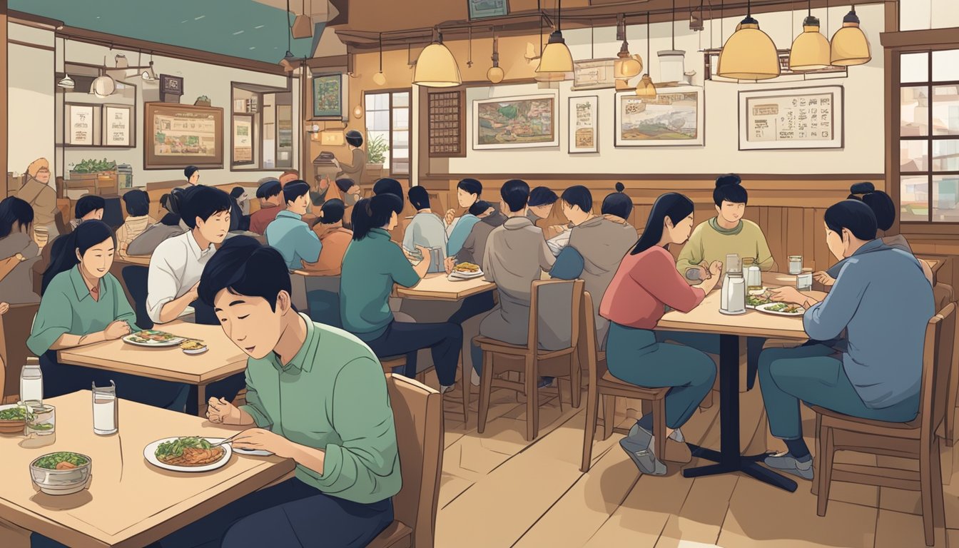 A bustling Korean restaurant with a sign reading "Frequently Asked Questions hoodadak" and customers enjoying their meals at the tables