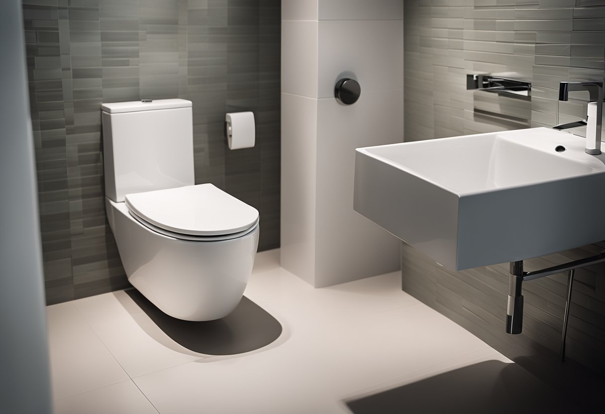 A sleek, modern toilet with clean lines and minimalist design. Bold Italian tiles adorn the walls, and a stylish bidet complements the overall aesthetic