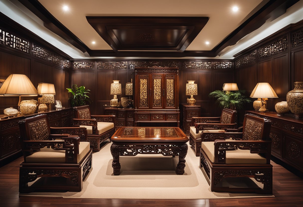 A showroom filled with elegant oriental rosewood furniture, including intricately carved chairs, tables, and cabinets. Rich, dark wood and ornate details create a luxurious and timeless atmosphere