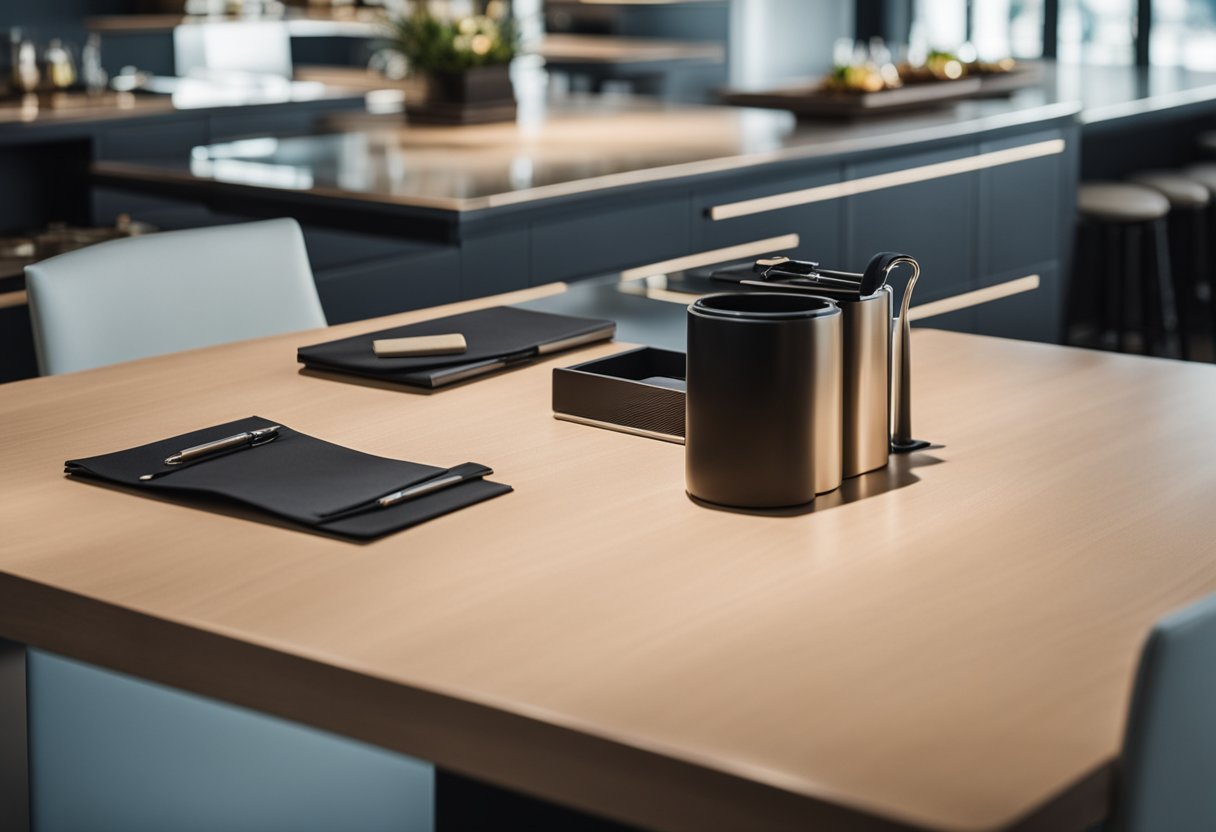 A sleek, modern counter table with organized compartments and a clean, professional design
