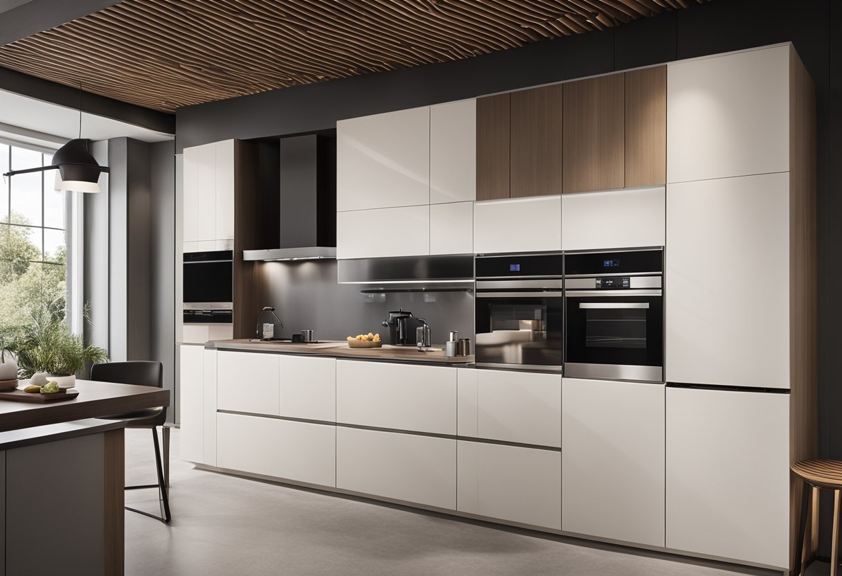 A sleek, minimalist dry kitchen with integrated appliances and ample storage. Clean lines, neutral colors, and efficient layout