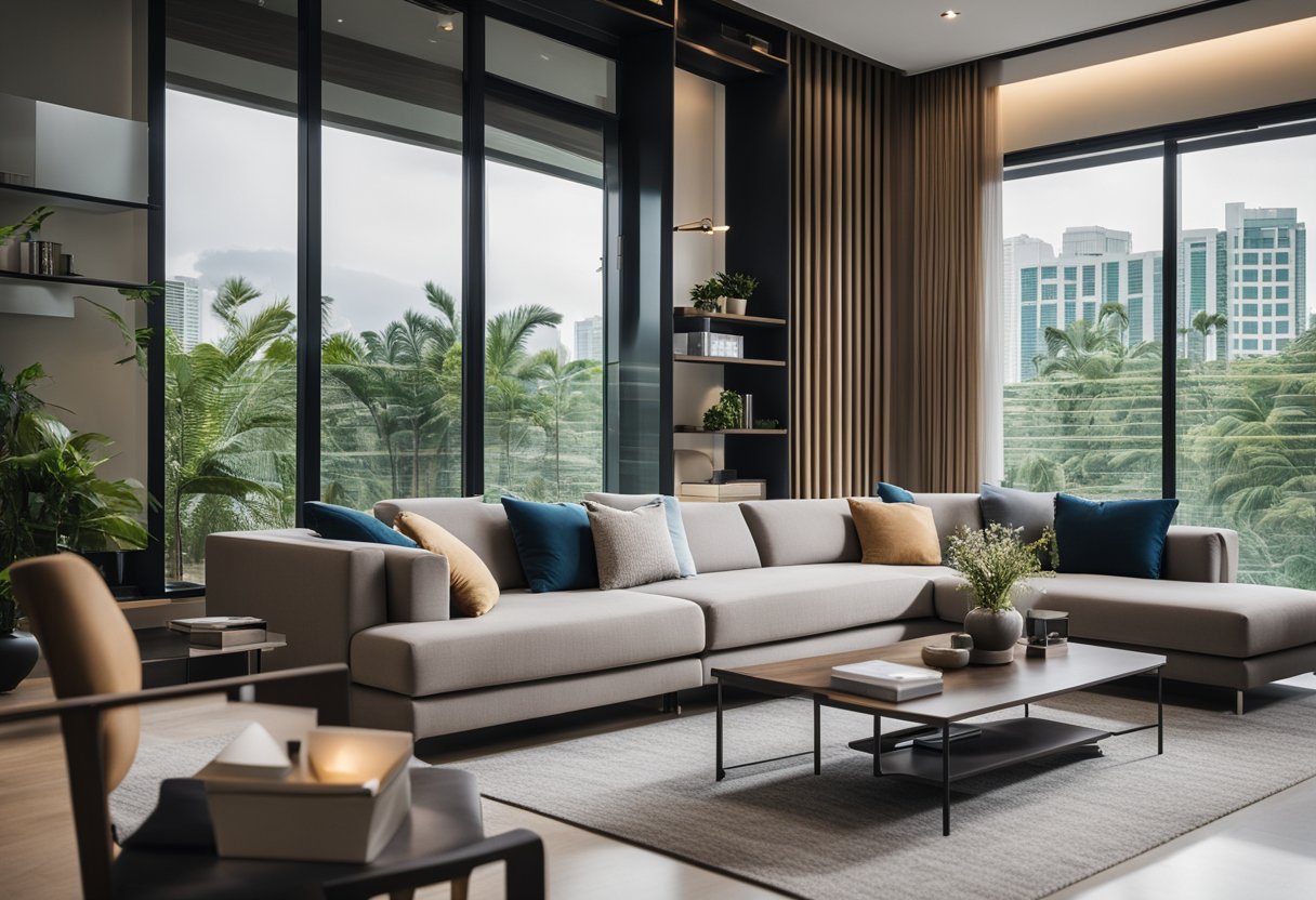 A modern living room with sleek built-in furniture in Singapore, featuring clean lines and functional design