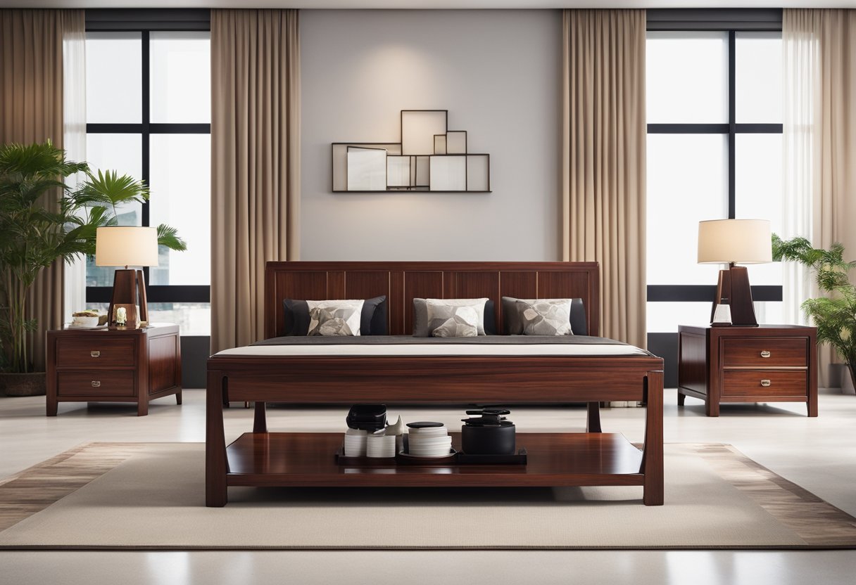 A sleek and elegant oriental rosewood furniture set displayed in a well-lit showroom with a minimalist design and clean lines