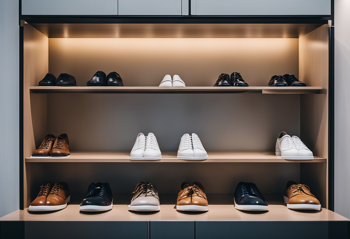 A sleek, modern shoe cabinet stands against a clean, minimalist backdrop in a stylish Singaporean home