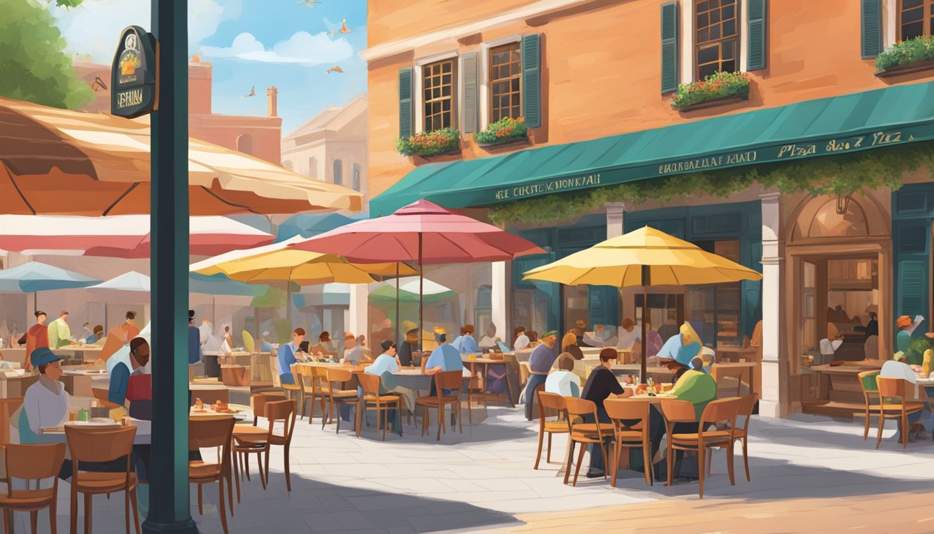 A bustling piazza with outdoor seating, colorful umbrellas, and a brick oven emitting the aroma of freshly baked pizza