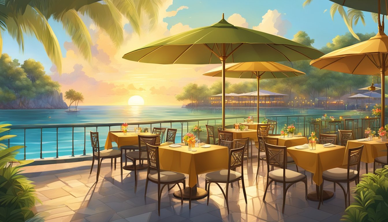 Lush greenery surrounds a charming open-air restaurant with colorful umbrellas and tables set against a backdrop of crystal-clear waters and a golden sunset