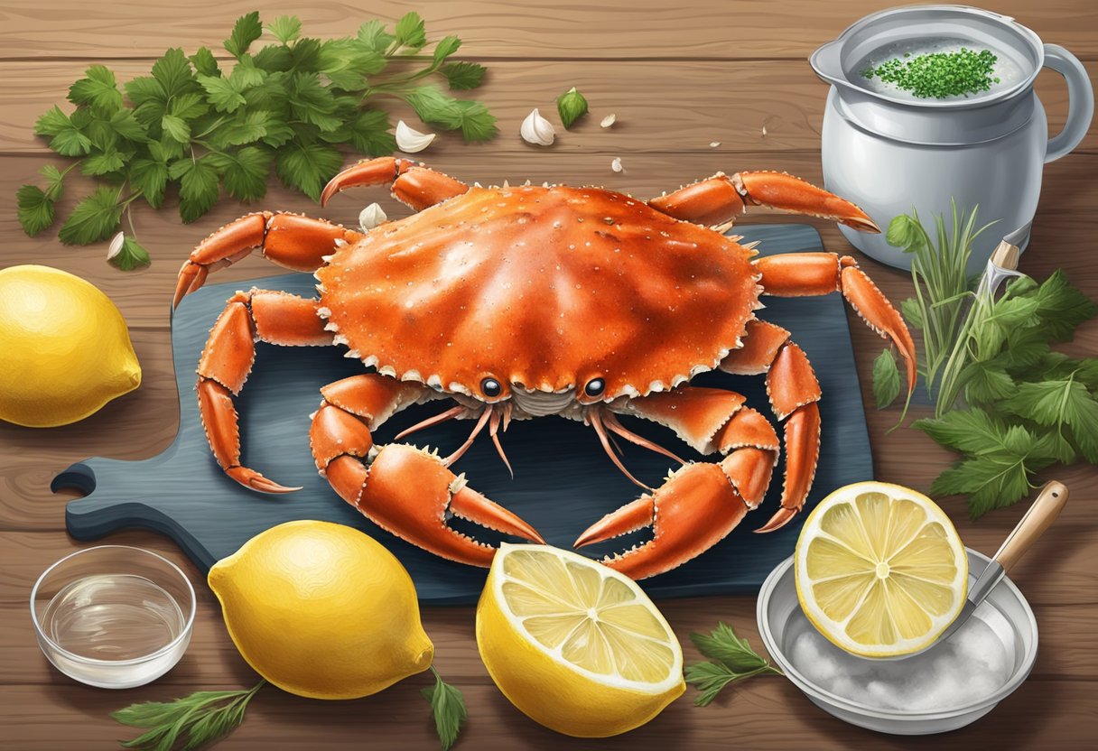 A large king crab is being prepared with garlic butter and fresh herbs on a wooden cutting board. Lemon wedges and a pot of boiling water are nearby
