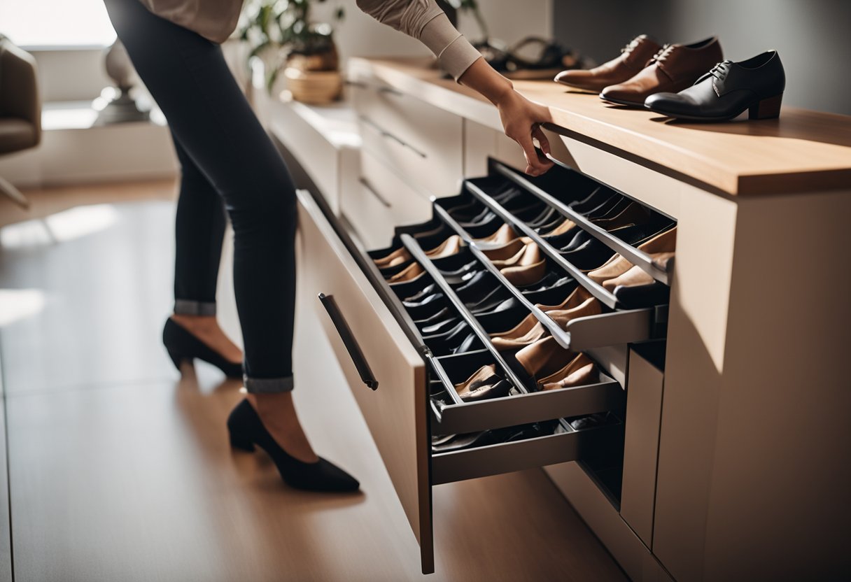 A person opens a sleek, modern shoe cabinet in a well-lit room, carefully choosing the perfect pair of shoes to wear
