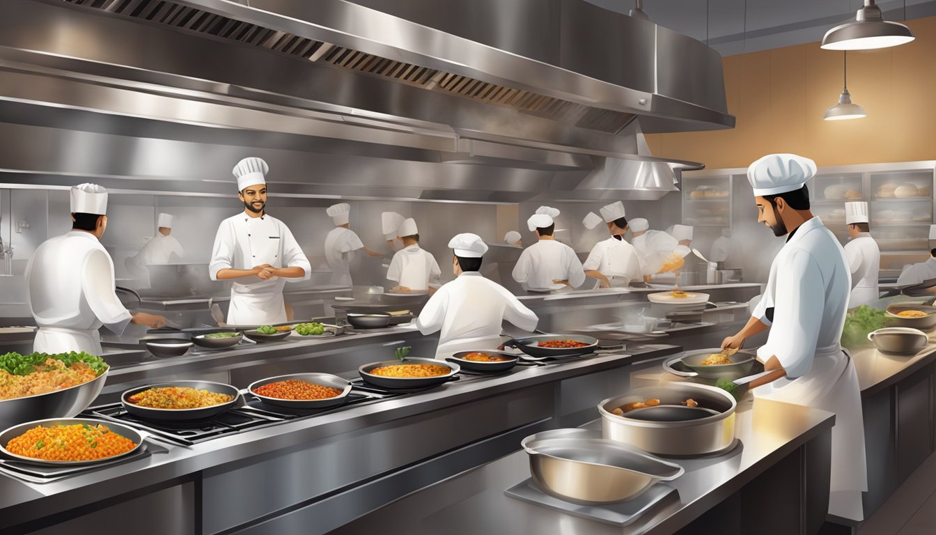The bustling kitchen at Culinary Delights elan restaurant, with chefs preparing exquisite dishes amid sizzling pans and aromatic spices