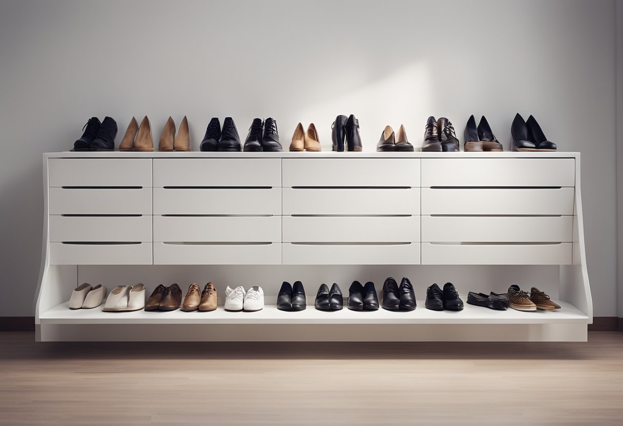 A spacious, modern shoe cabinet stands against a clean, white wall in a well-lit room, showcasing its sleek design and ample storage space for various types of footwear