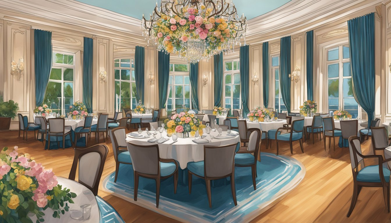 The elegant Élan restaurant features a grand chandelier, plush seating, and a vibrant floral centerpiece