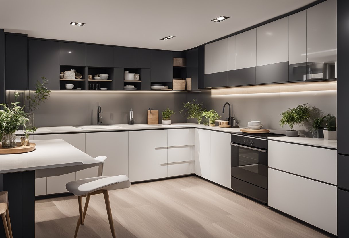 A spacious, modern kitchen with integrated laundry appliances. Sleek countertops, ample storage, and a washer and dryer seamlessly blend into the design