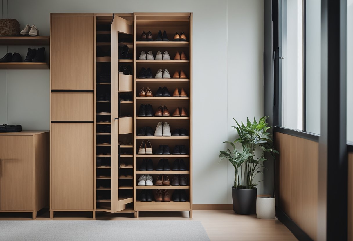 A shoe cabinet stands against a clean, modern backdrop in a Singaporean home, with neatly organized footwear and a sleek, minimalist design