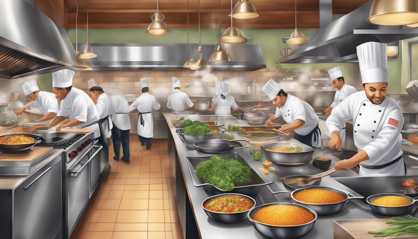 The bustling kitchen at Culinary Delights: chefs chopping, sizzling pans, and the aroma of savory dishes filling the air
