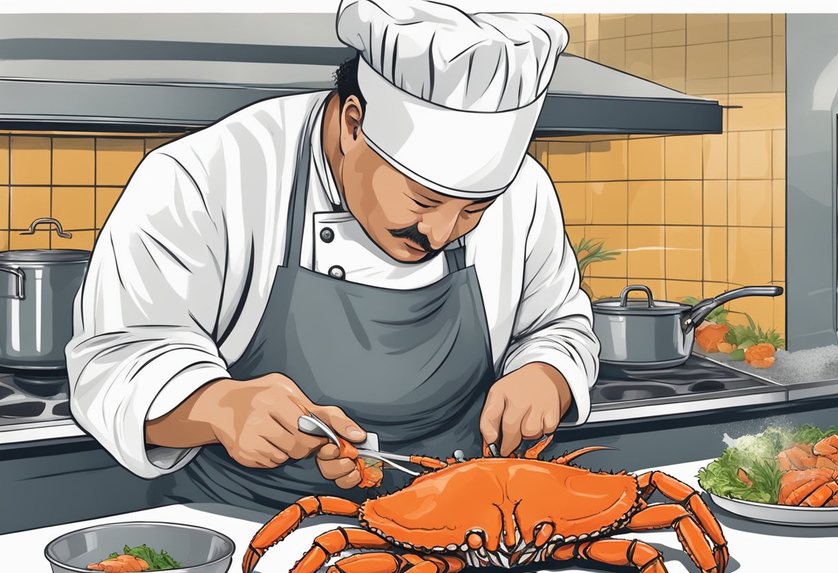 A chef carefully cleans and cracks a large king crab, preparing it for a delicious recipe