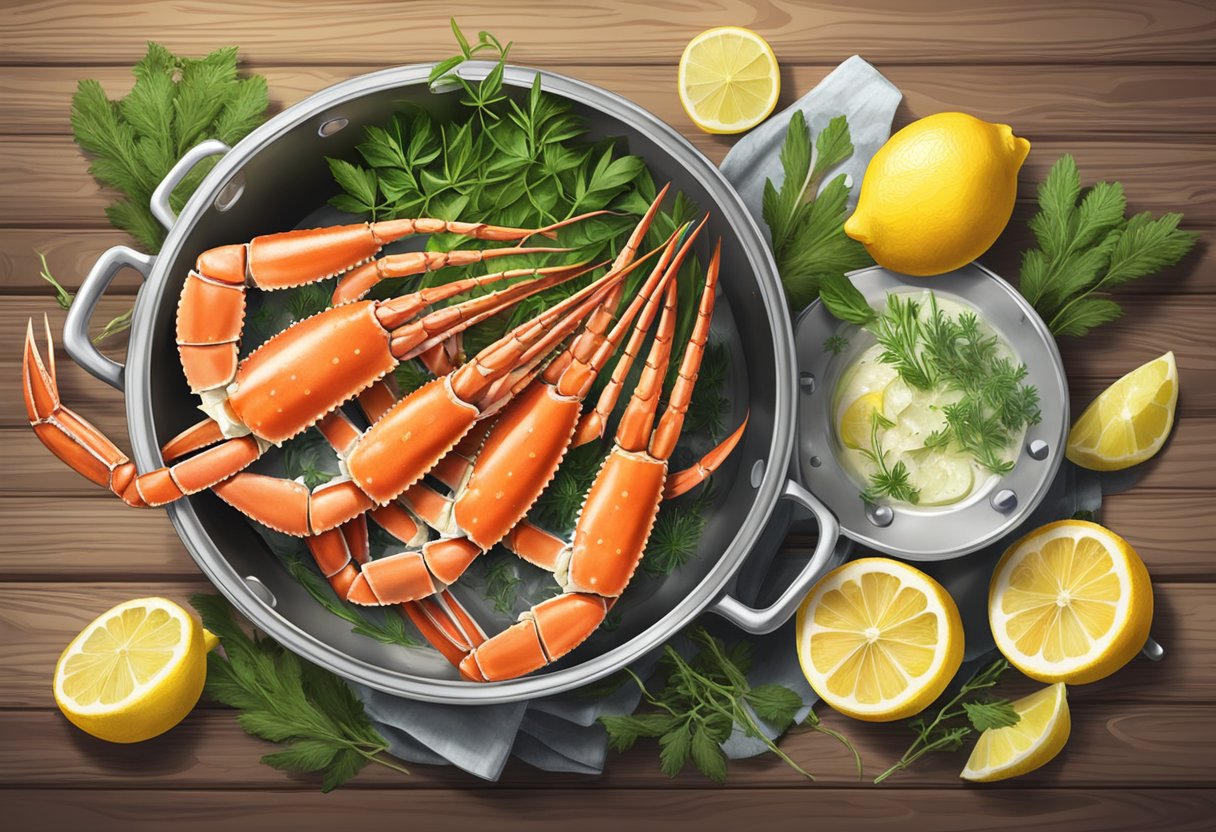A steaming pot of king crab legs surrounded by fresh herbs and lemon wedges on a rustic wooden table