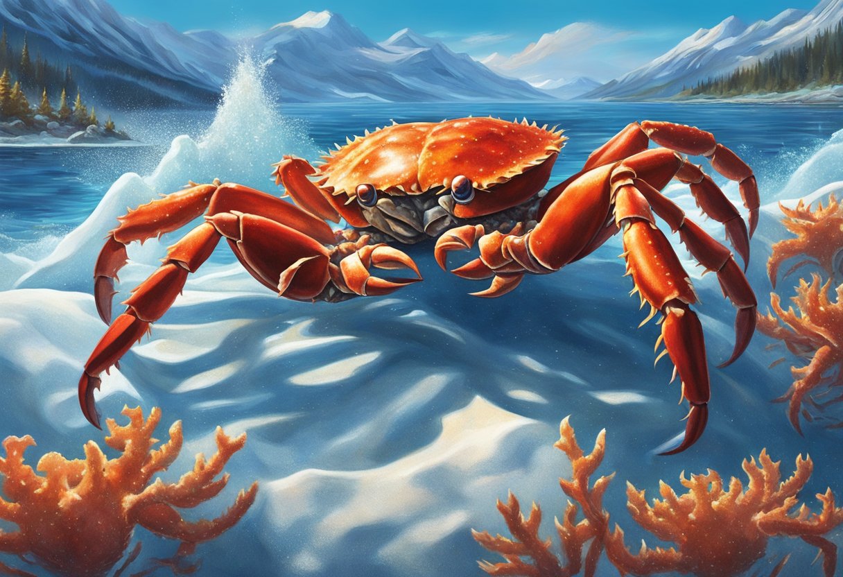 An Alaskan king crab emerges from icy waters, its spiny legs and massive claws glistening in the sunlight. Surrounding it, other crabs scuttle across the ocean floor, their vibrant red shells contrasting against the deep blue sea