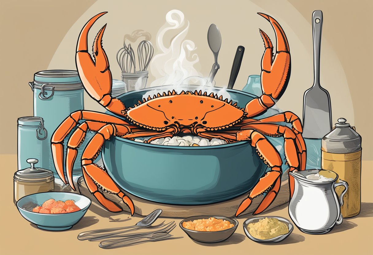 A steaming pot of king crab legs surrounded by various cooking utensils and ingredients, with a recipe book open to the "Frequently Asked Questions" section