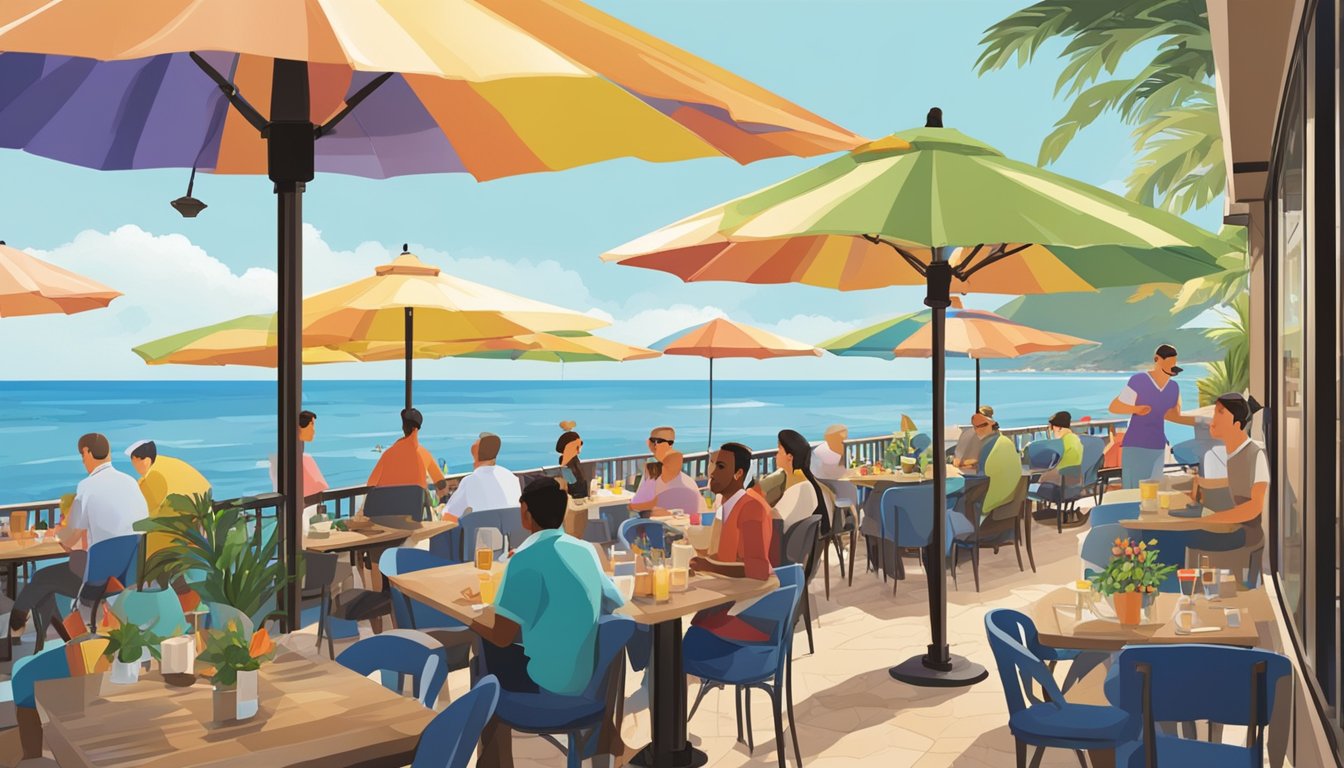 A bustling outdoor patio with colorful umbrellas, diners enjoying meals, and a serene view of the ocean