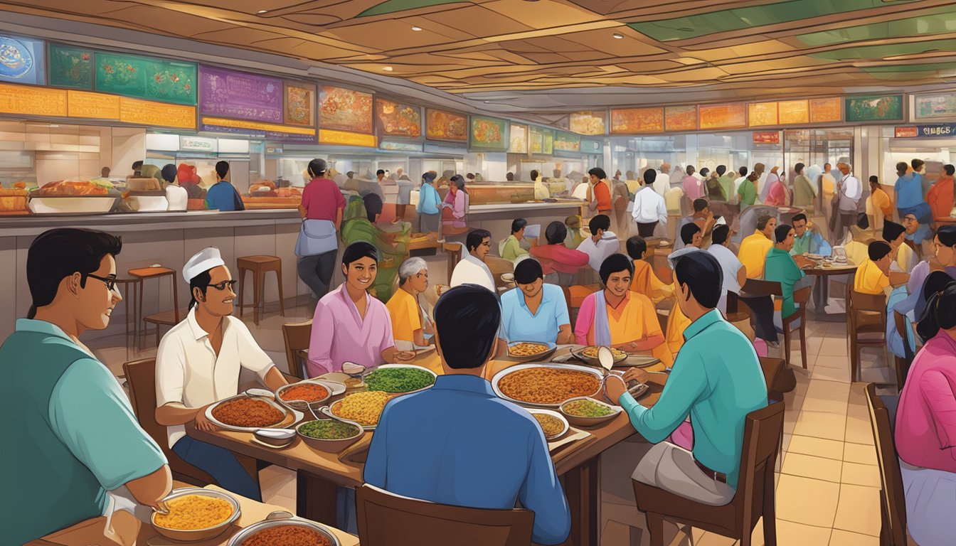 A bustling Indian restaurant at Changi Airport, filled with vibrant colors and aromatic spices, as diners savor the rich and diverse flavors of Indian cuisine