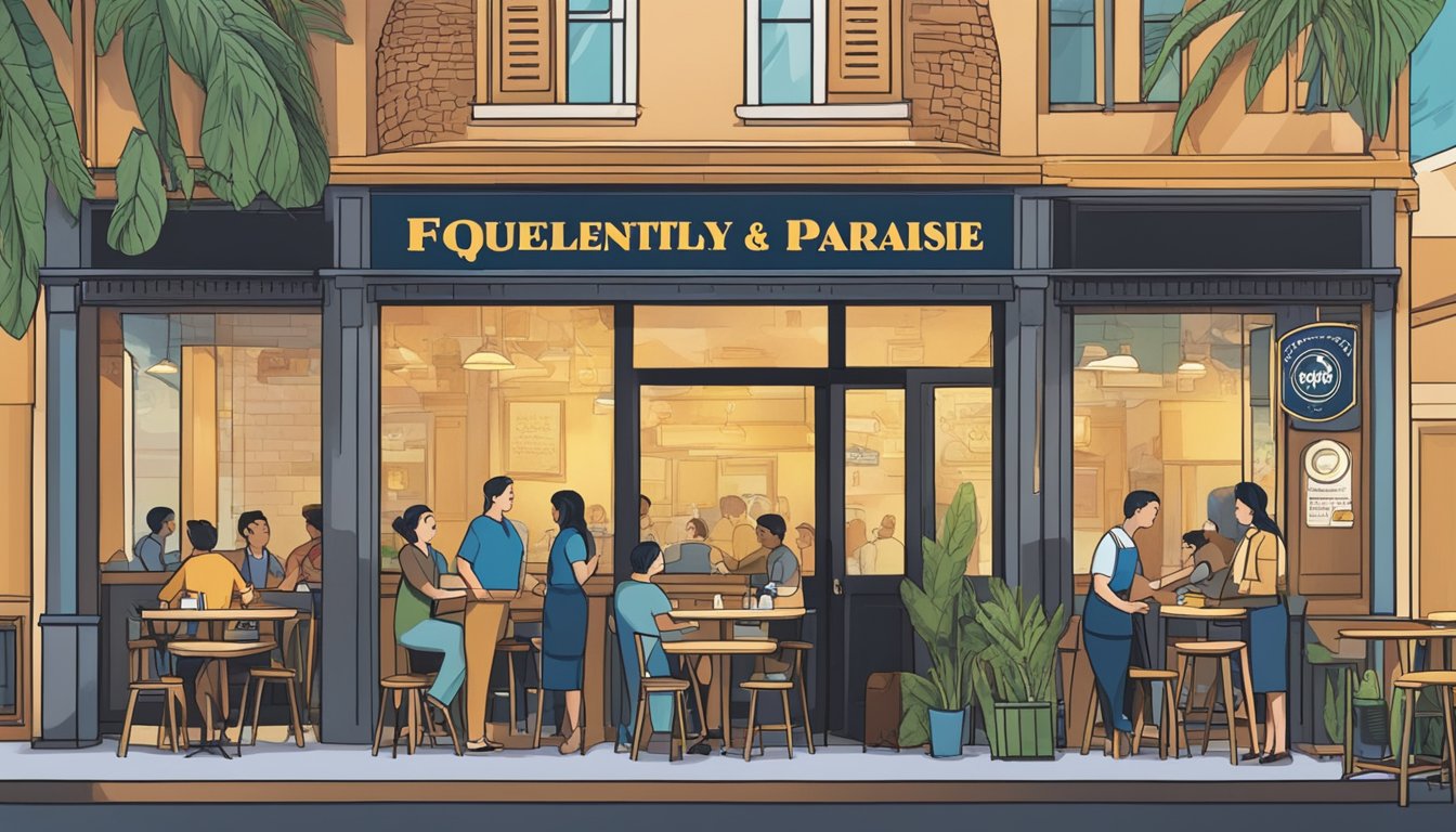 A bustling restaurant with a sign reading "Frequently Asked Questions paradise" above the entrance. Customers chat at tables while servers move between them