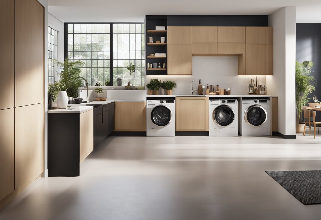 A spacious, modern kitchen seamlessly blends into a sleek, functional laundry area. The design maximizes efficiency and style for a combined lifestyle space