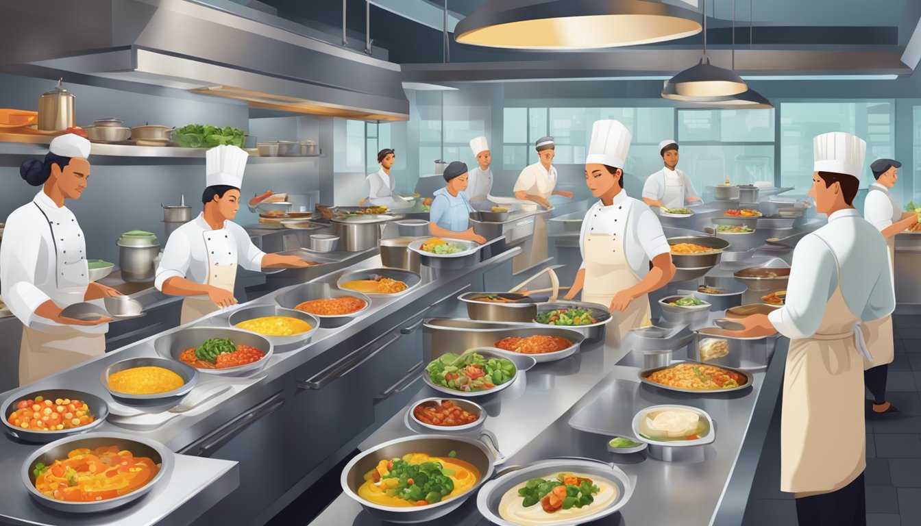 A bustling restaurant kitchen with chefs preparing a variety of colorful and aromatic dishes, while waitstaff buzz around, carrying trays of delectable food to eager diners