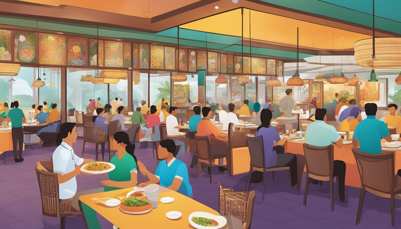 A bustling Indian restaurant in Changi Airport, with colorful decor and aromatic spices filling the air. Customers enjoy traditional dishes while attentive staff provide excellent service
