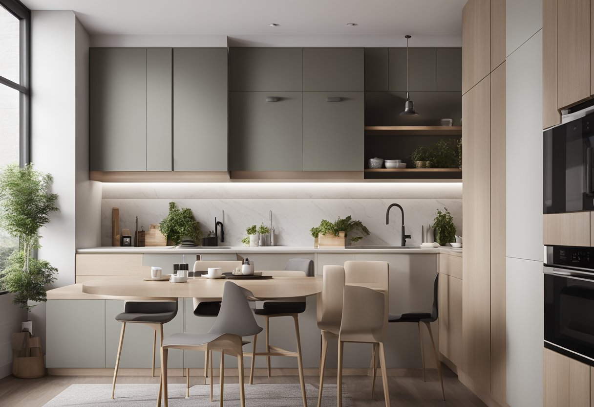A spacious, modern kitchen and laundry room combined with sleek appliances and ample storage. The design features a seamless integration of both functional spaces for maximum efficiency