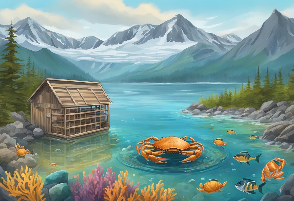 A pristine Alaskan coastline with a crab pot being lowered into the crystal-clear waters, surrounded by diverse marine life