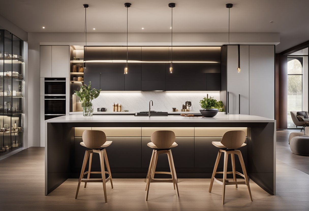 A sleek, minimalist kitchen island with clean lines and integrated storage, illuminated by pendant lights and surrounded by contemporary bar stools