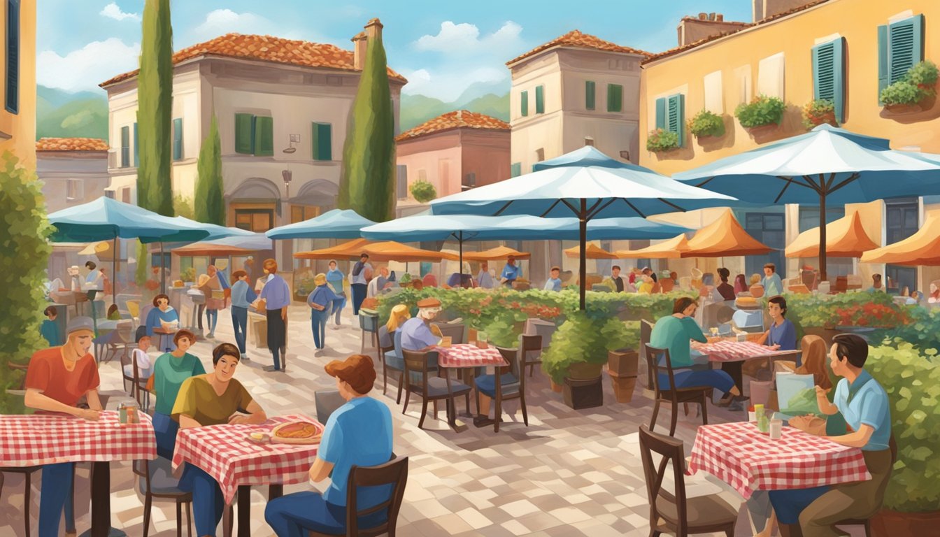 A bustling piazza with outdoor tables, a charming Italian restaurant, and a busy delivery service. Tables are adorned with checkered tablecloths, and the aroma of freshly baked pizza fills the air