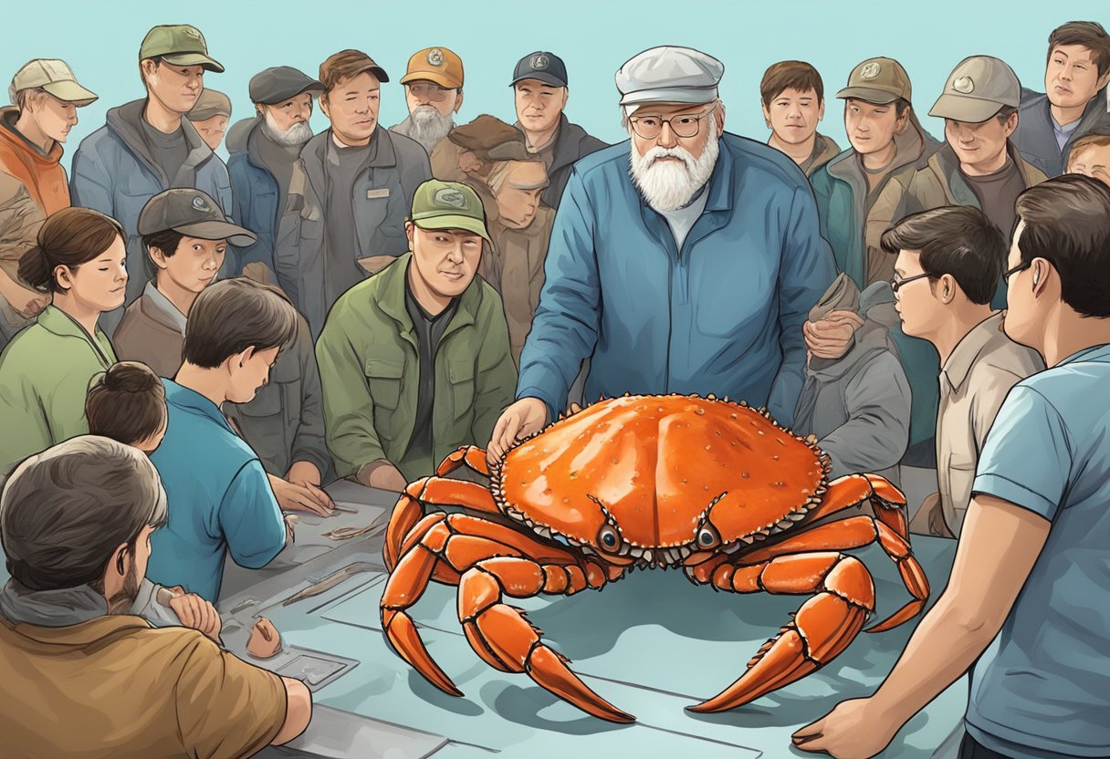 An Alaskan king crab surrounded by a group of curious onlookers. The crab is being measured and inspected by a scientist