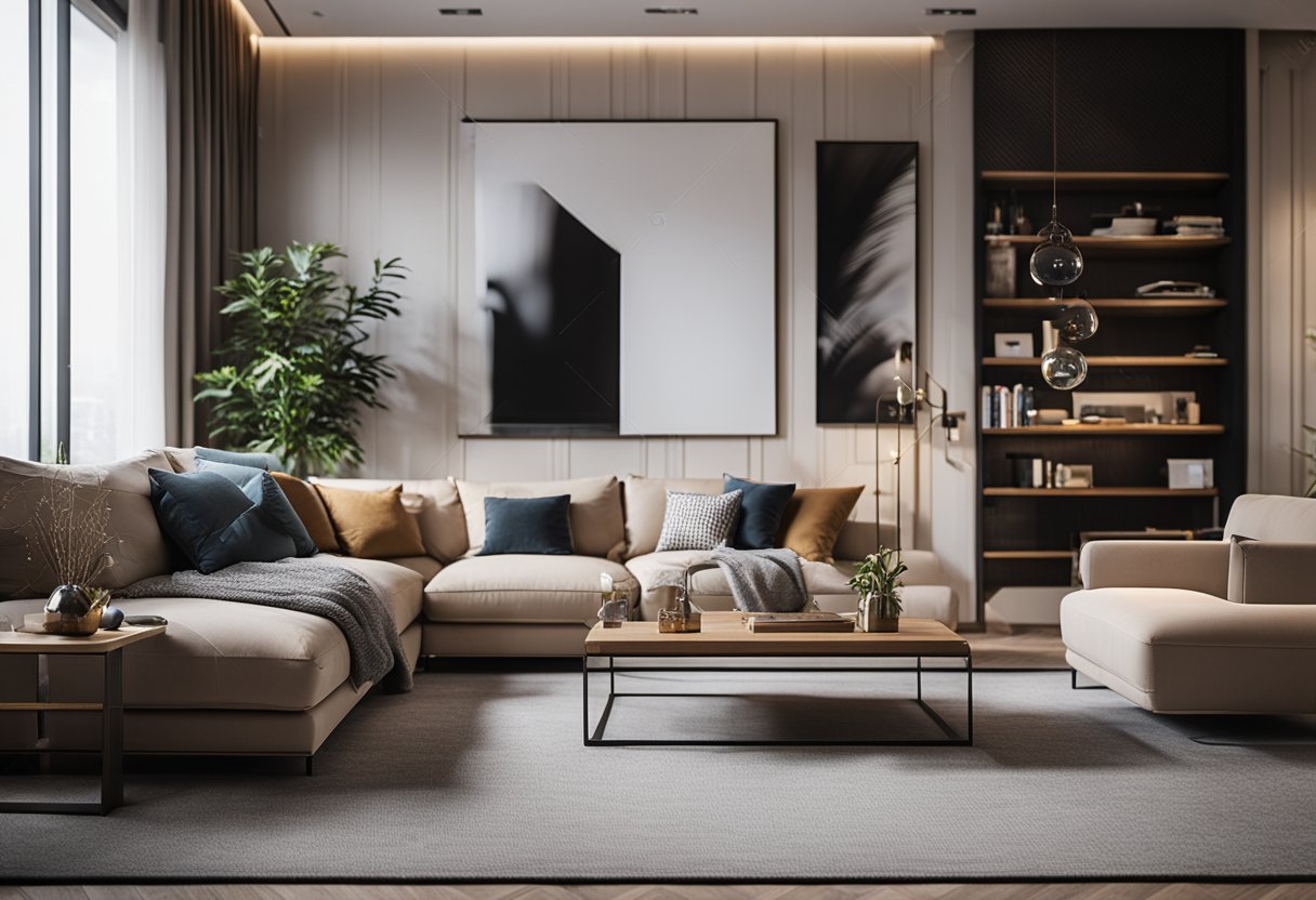A modern living room with sleek furniture, soft lighting, and a stylish decor