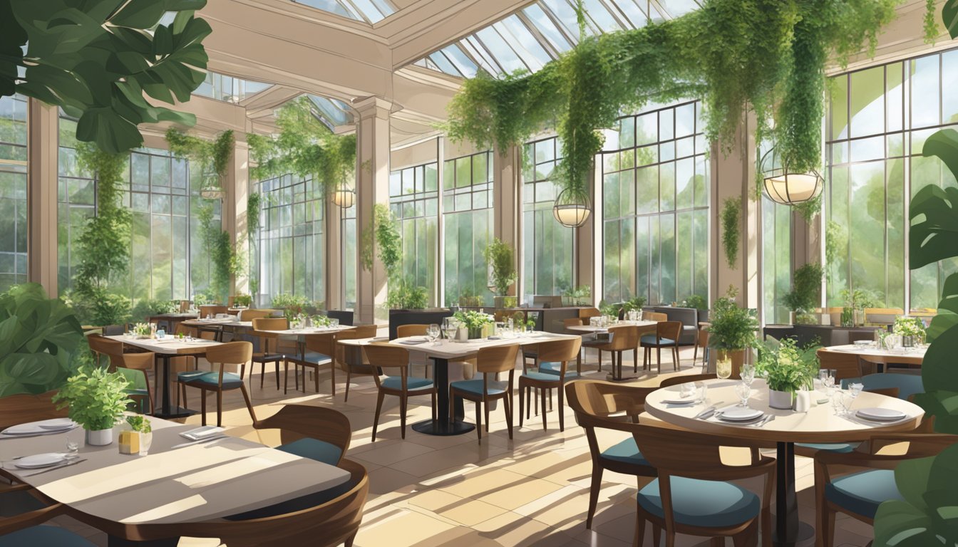 An elegant atrium restaurant with lush greenery, natural light streaming in, and modern decor
