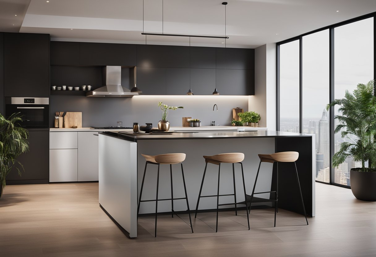 A sleek, minimalist kitchen island with clean lines and a glossy finish. It features integrated storage and a built-in cooktop, surrounded by stylish bar stools