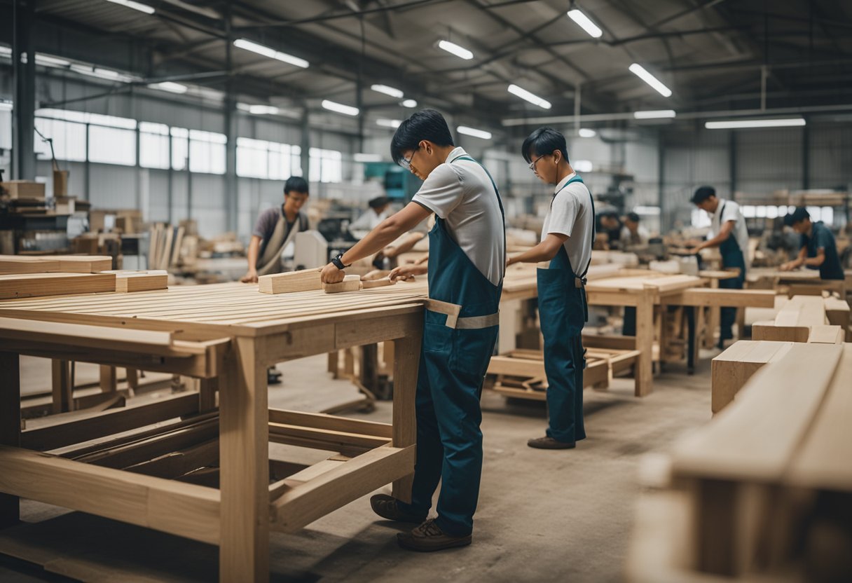 A bustling workshop with workers assembling and crafting wooden furniture pieces for Song Furniture Construction & Trading Pte Ltd in Singapore