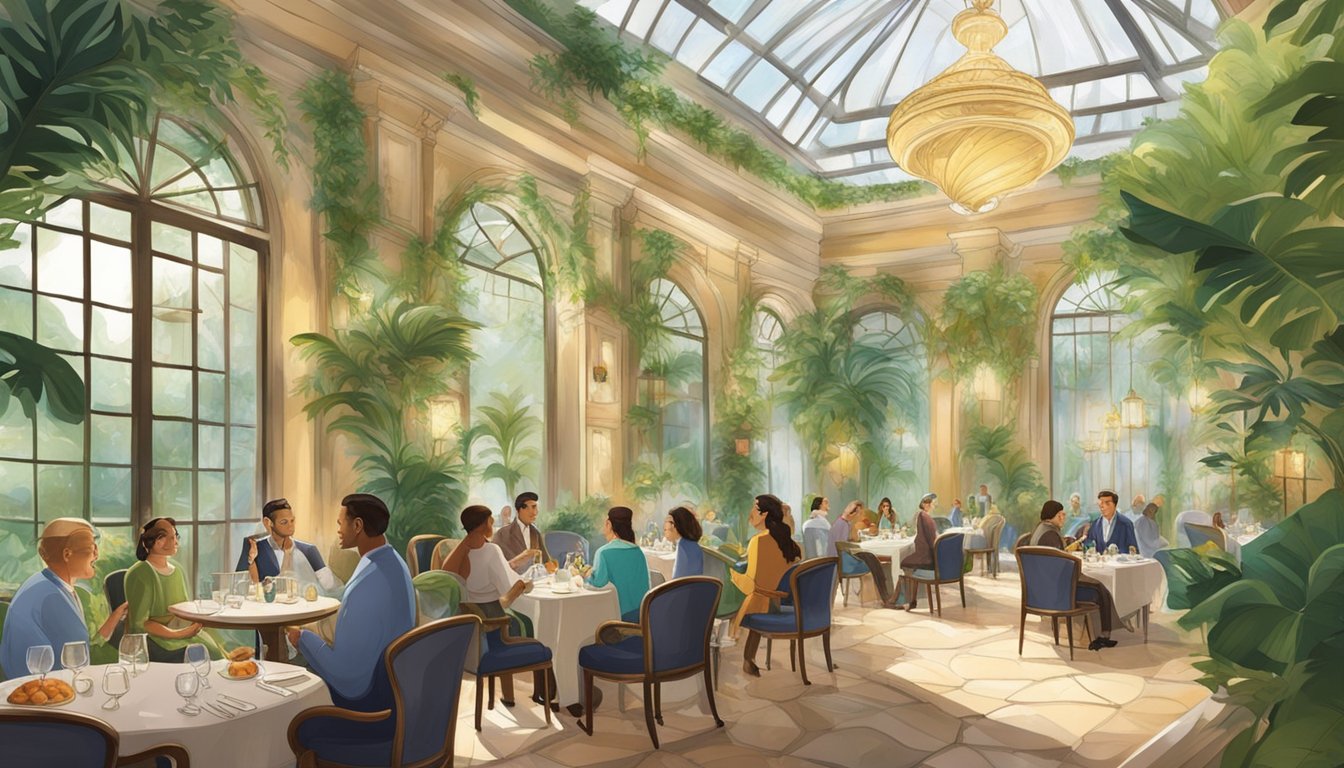 Customers dine under a glass ceiling, surrounded by lush greenery and elegant decor. The restaurant's central fountain adds a soothing ambiance to the bustling atmosphere