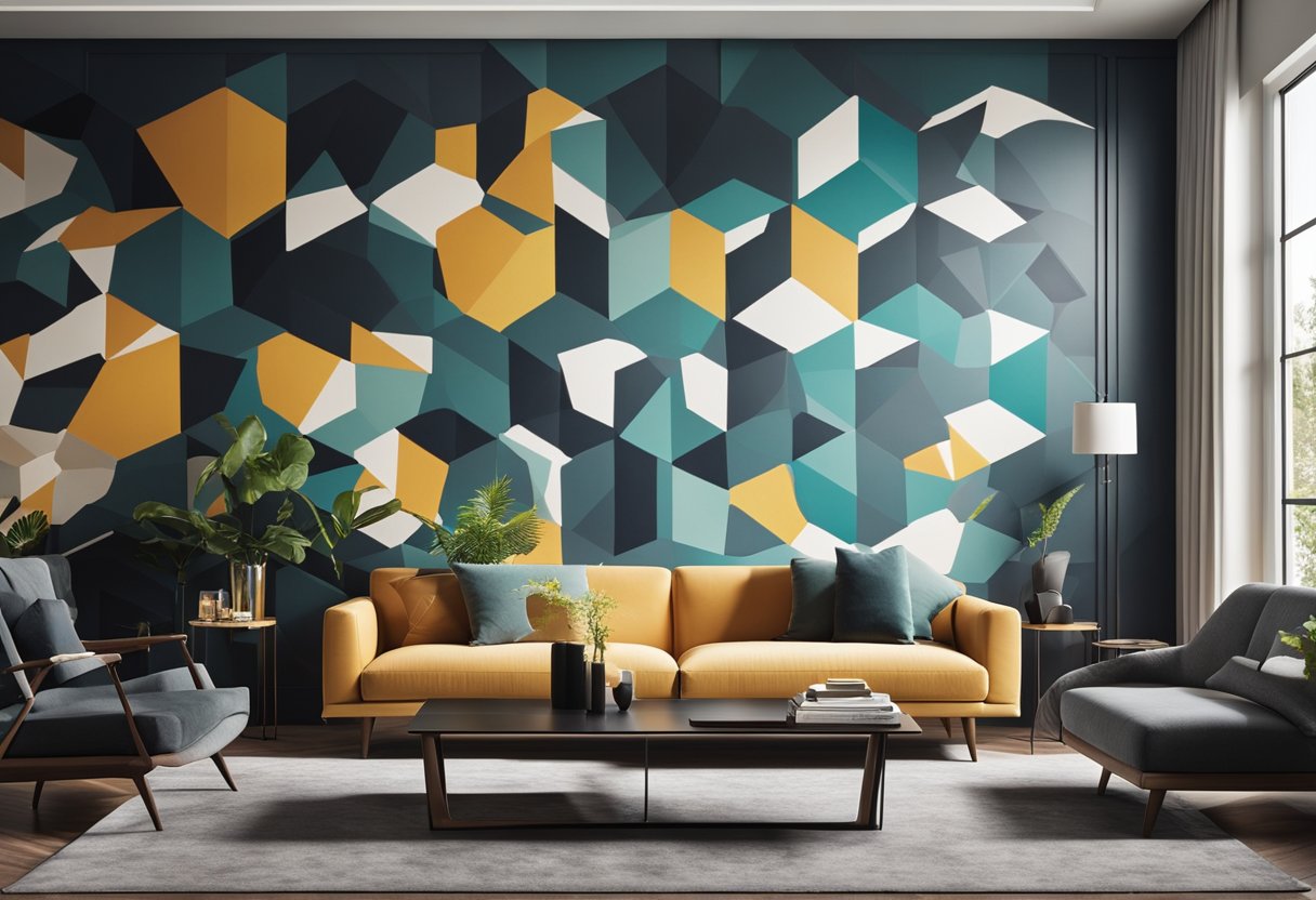 A sleek, geometric wall design with bold colors and clean lines, accented by minimalist decor and contemporary furniture in a spacious living room