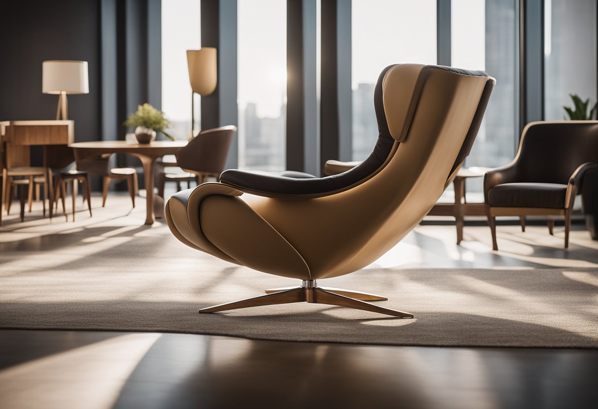 A customer sits comfortably in a modern chair, admiring the sleek design of a Song Furniture piece. The room is bathed in natural light, highlighting the elegant lines and luxurious materials of the furniture