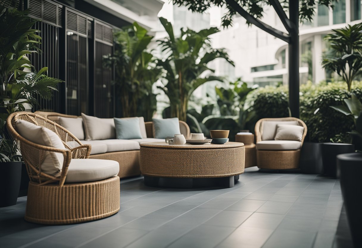 A cozy outdoor patio with rattan furniture in a modern Singapore setting