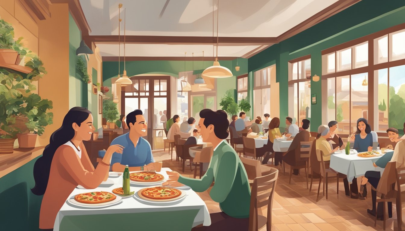 Customers enjoying authentic Italian cuisine in a bustling restaurant filled with the aroma of freshly baked pizzas and the sound of friendly chatter