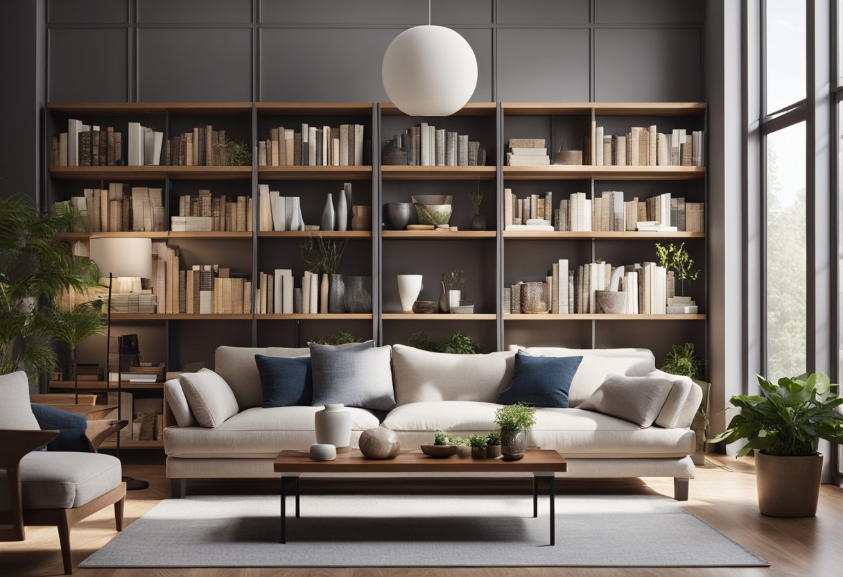 A living room with a modern sofa and coffee table, surrounded by shelves filled with books and decorative items. The room is well-lit with natural sunlight streaming in through large windows