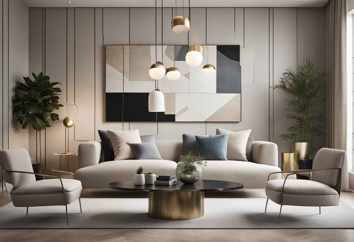 A sleek, minimalist living room with geometric wall panels in neutral tones. A large, abstract art piece serves as a focal point, while built-in lighting adds depth and ambiance to the space