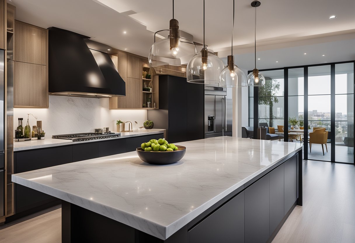 A sleek, minimalist kitchen island with clean lines and integrated storage. A marble countertop and pendant lighting add a touch of luxury