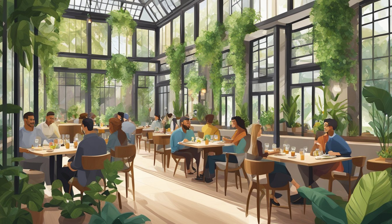 An atrium restaurant with lush greenery, natural light flooding in, and diners enjoying their meals at cozy tables