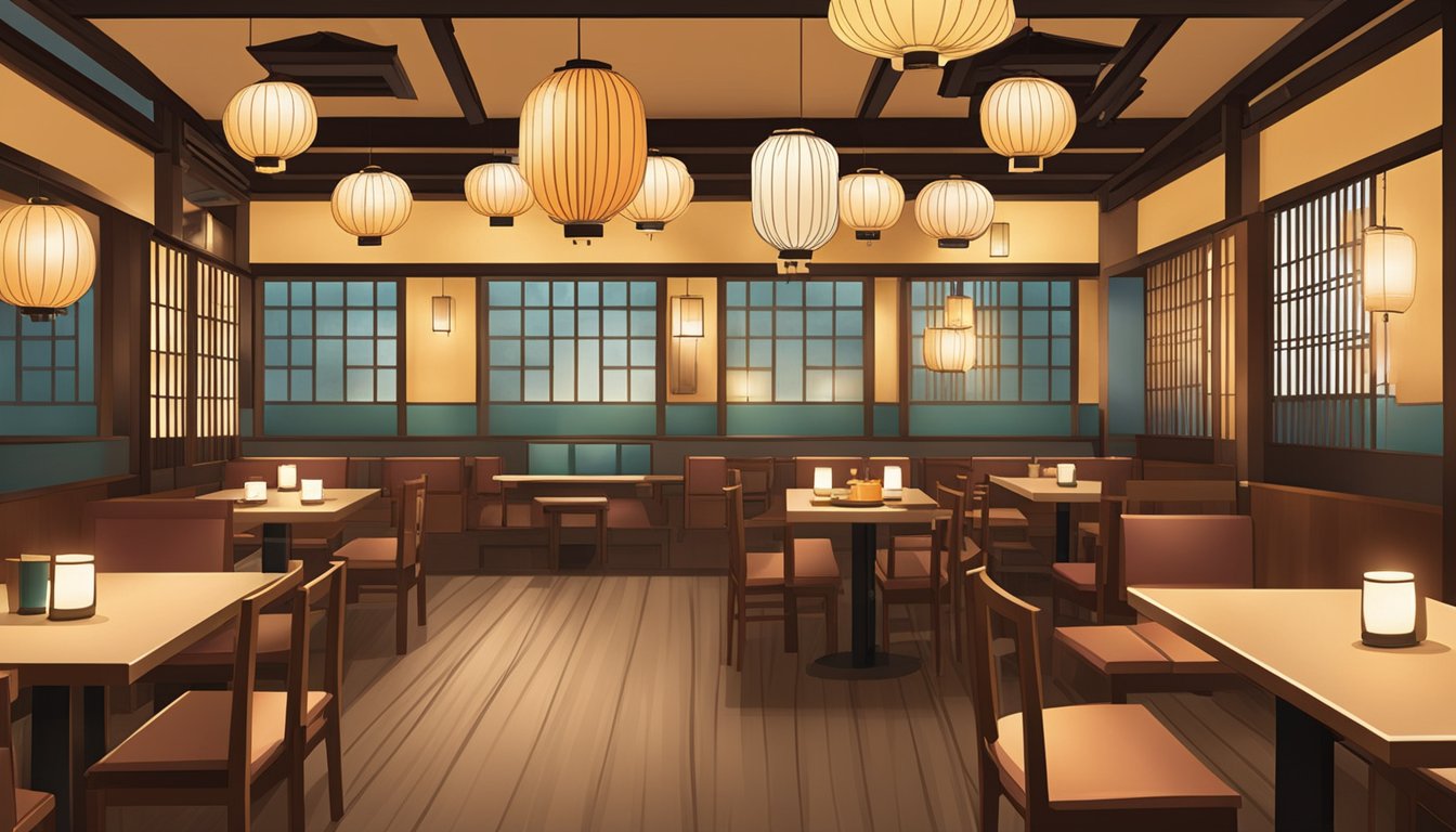 The interior of Ken Japanese restaurant, with traditional decor, low tables, and paper lanterns casting a warm glow