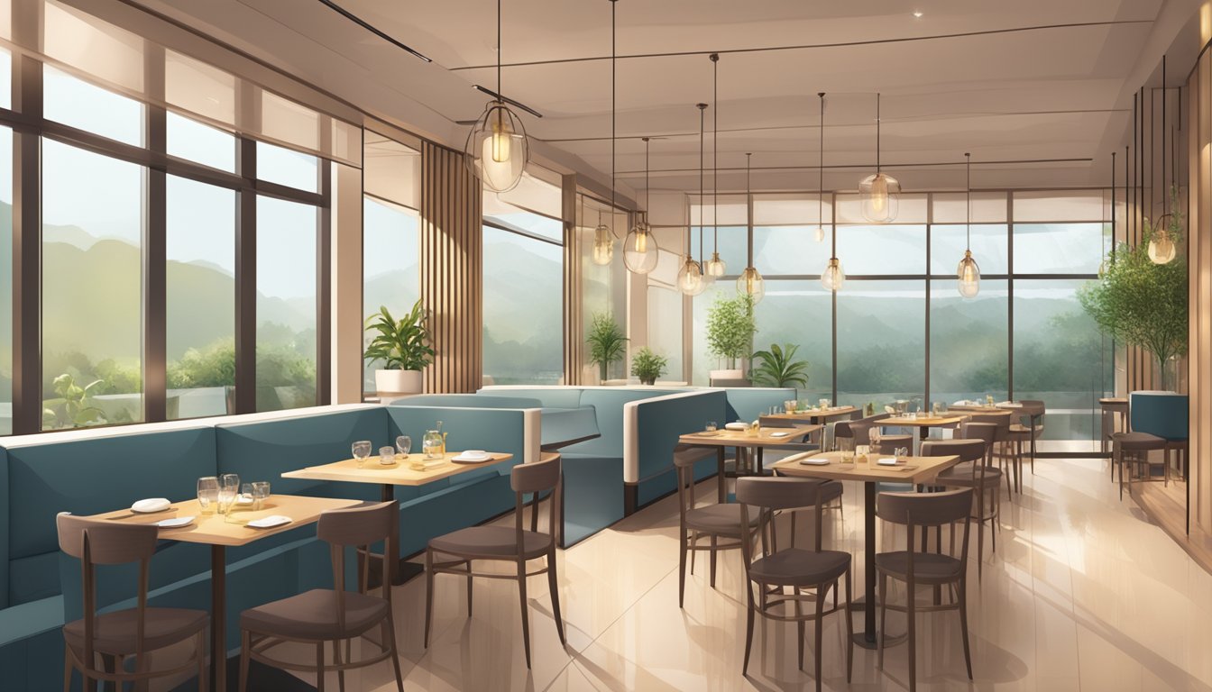 A serene restaurant with minimalist decor, soft lighting, and a tranquil ambiance. The space exudes a sense of peace and harmony, creating a perfect setting for a culinary journey