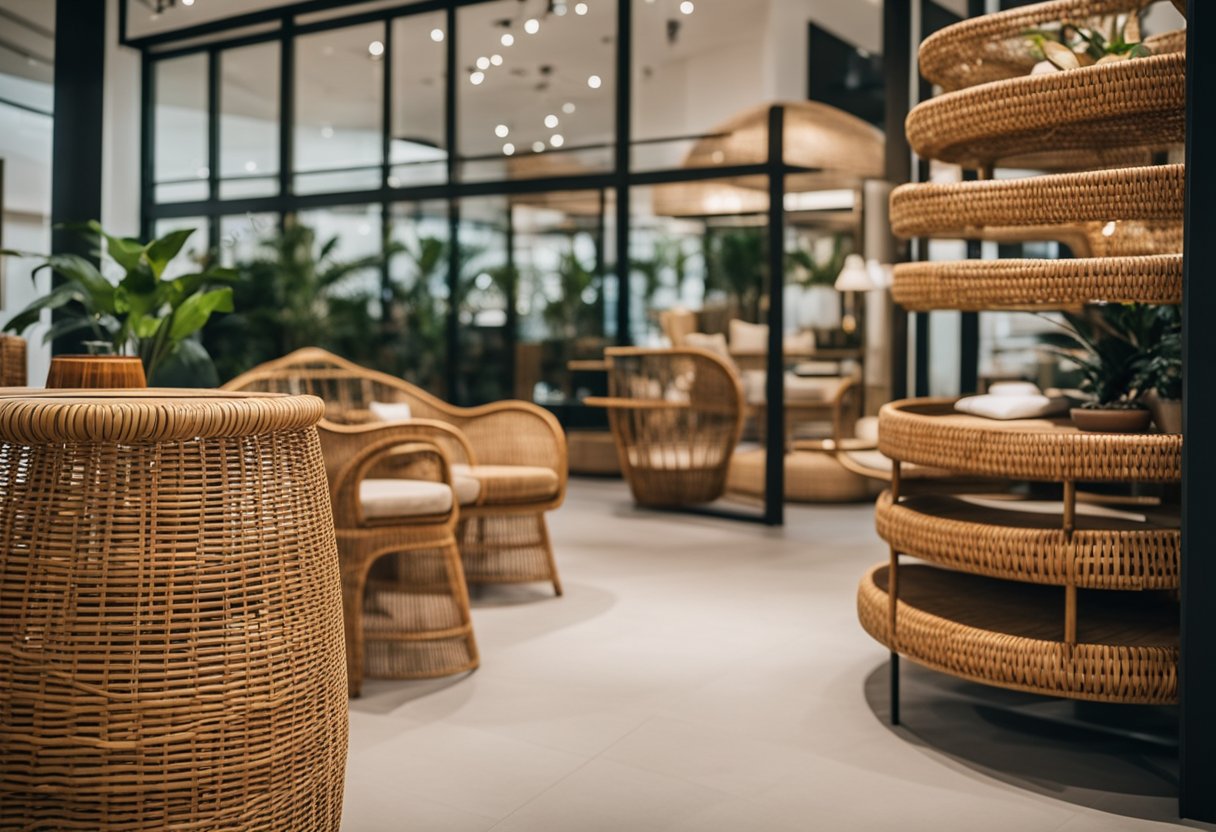 A bright, airy showroom displays a variety of rattan furniture in Singapore, with intricate weaves and natural textures