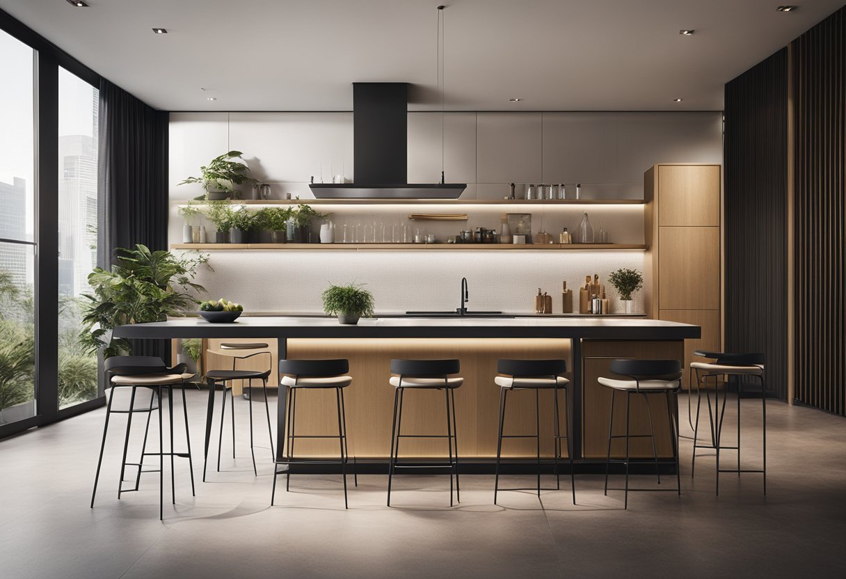 A sleek, minimalist kitchen island with clean lines and integrated storage, surrounded by contemporary bar stools